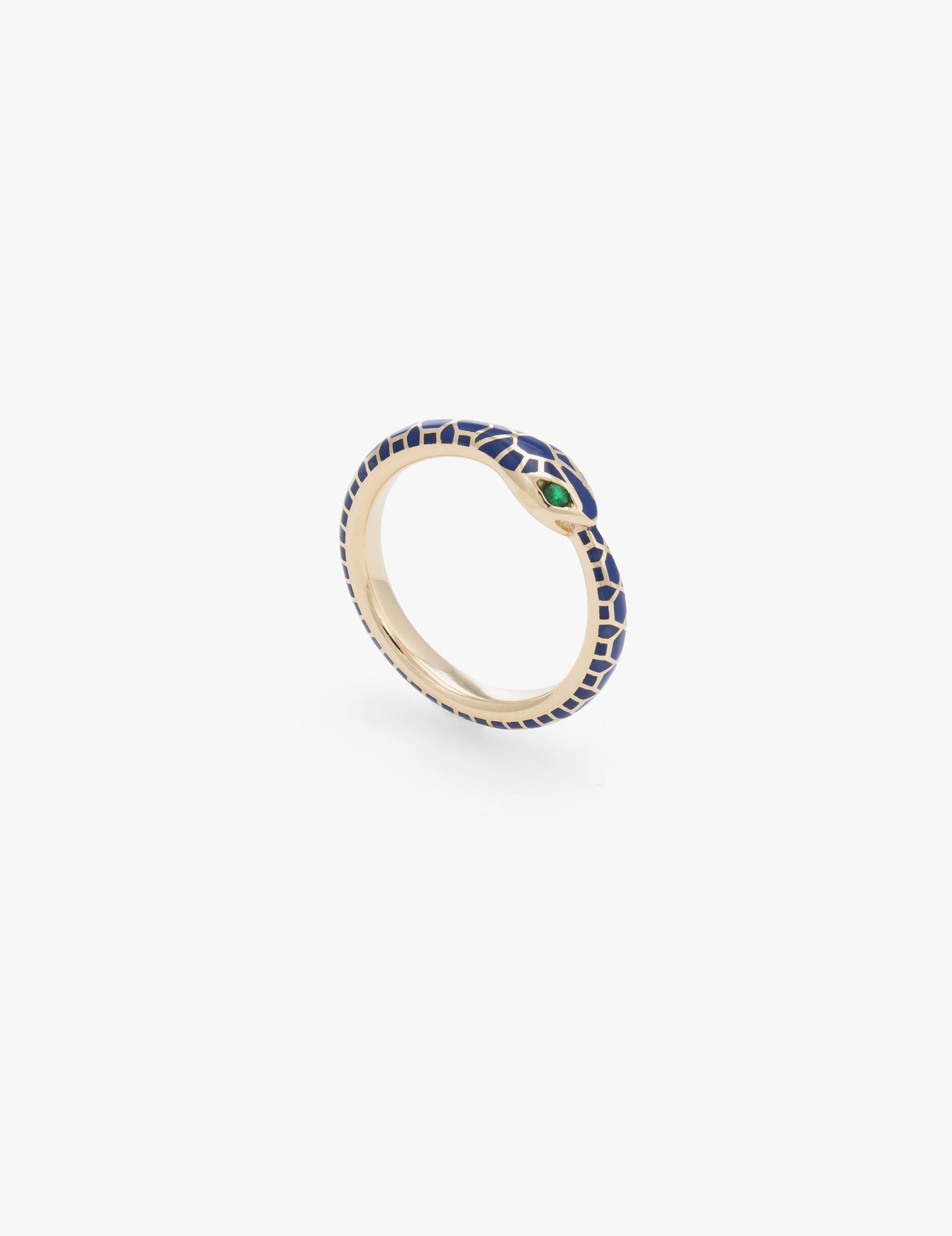 Blue Enamel Ouroboros Ring with Emerald Eyes